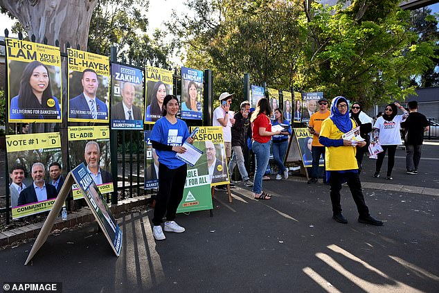 Posters are displayed during the NSW Local Council Election Day at Bankstown Public School