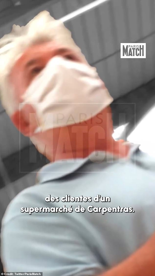 The caption tells how Pélicot was arrested after being caught filming female 'customers in a supermarket in Carpentras'