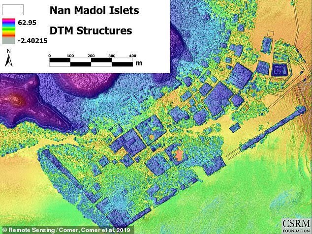 Above are the results of the researchers' Colorized Multi-directional Hillshade LiDAR Digital Terrain Model, which helped them map out islands and long-vanished man-made waterways at the site