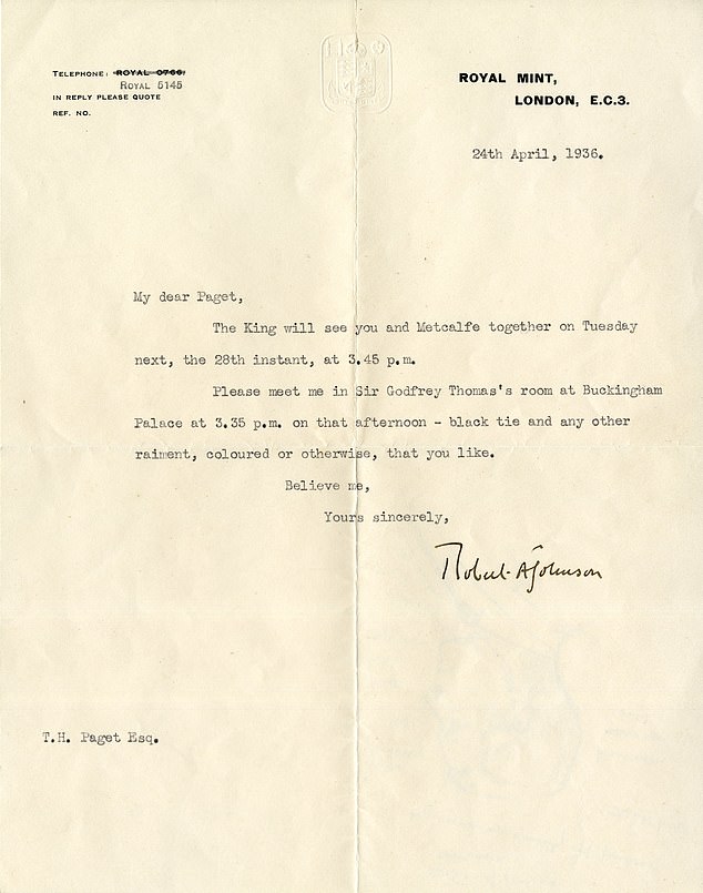 A letter to medal and coin designer Thomas Humphrey Paget arranging a meeting with him and King Edward VIII, along with fellow designer Percy Metcalfe, April 1936