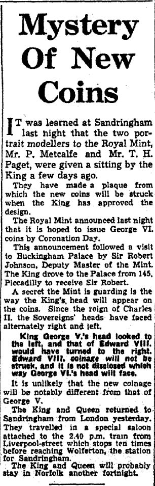 A January 1937 Daily Mail report detailing how the Royal Mint failed to reveal which way King George VI would go with his coinage