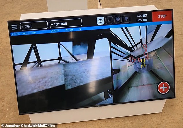 Rover's field of view is shared on a large screen as he successfully climbs the stairs (before falling back down later on the return journey)