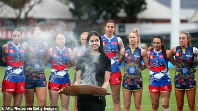 The ceremonies have become a fixture at sporting events (pictured: Welcome to Country during the 2023 AFLW Round 7 match between the Adelaide Crows and the Western Bulldogs)