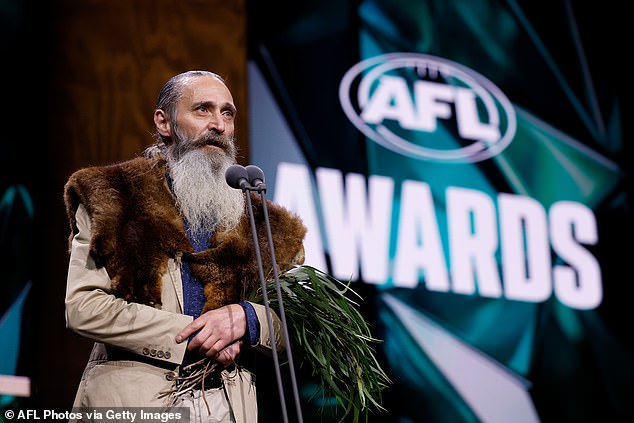 Uncle Colin Hunter Jnr performs Welcome to Country during the 2024 AFL Awards at Centrepiece on August 29, 2024 in Melbourne