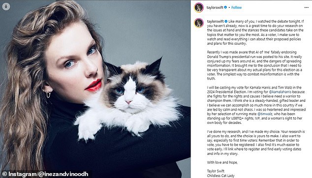 Taylor Swift made the announcement on Instagram after last night's debate