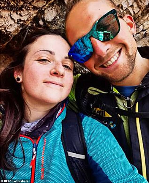 Andrea Papi, 26, (right) was bitten to death by a bear in Italy and tried to fight it off with a broken branch, investigators believe. He was reported missing by his girlfriend Alessia Gregori (left)