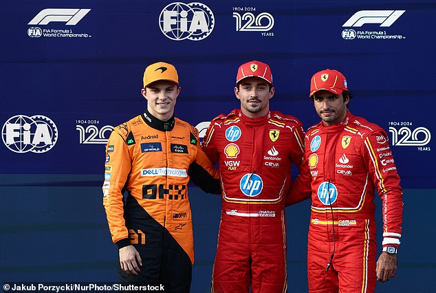 Charles Leclerc (C) took first place in qualifying, with Oscar Piastri (L) in second place and Carlos Sainz (R) in third.