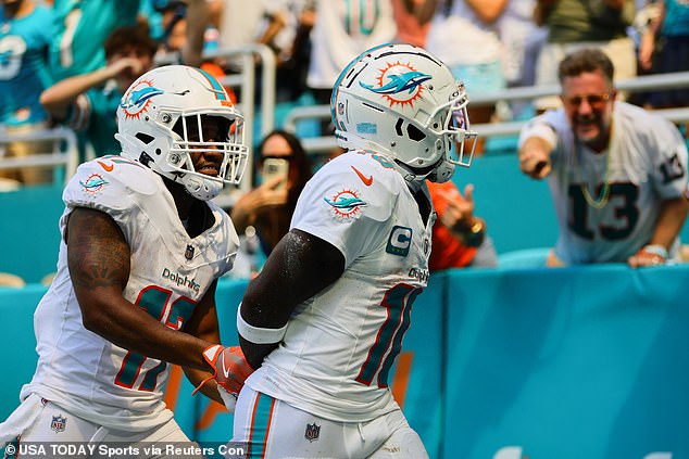 Hill and teammate Jaylen Waddle reenacted a catch after the receiver's touchdown