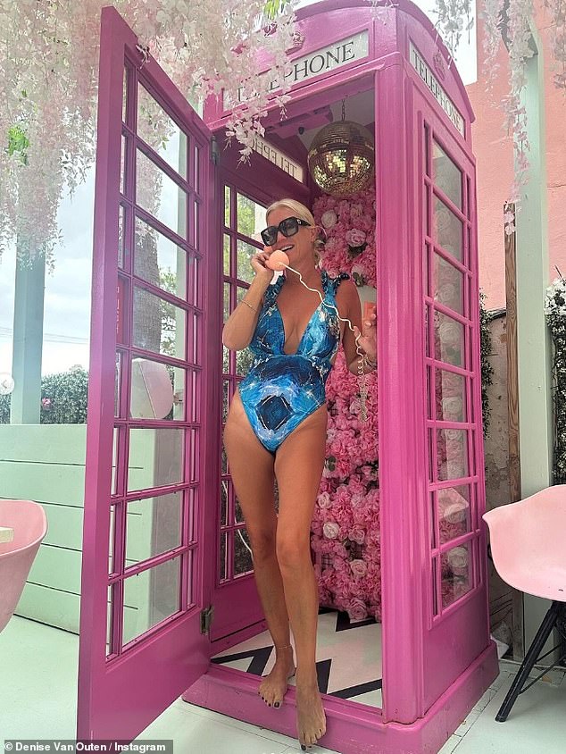 The 50-year-old DJ showed off a fuller bust in the chic beach dress as she posed on a gorgeous pink Vespa at the 3-star Wiki Woo Hotel