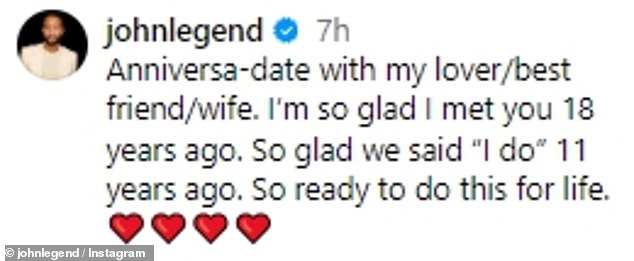 The 45-year-old All of Me singer, who was introduced to his wife on the set of his Stereo music video in 2006, posted a sweet tribute to Teigen on Instagram to mark the milestone, along with a photo of her enjoying dinner.