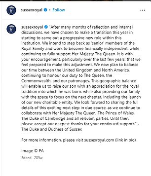 The Instagram post informing the public that Prince Harry and Meghan are stepping down as 'senior' members of the royal family