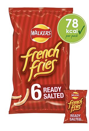 Ready-made salted French fries also contain only 78 calories for a 18 gram bag. French fries (pictured), Squares, Space Raiders and Pom Bears all contain only 0.3 grams of saturated fat per bag.