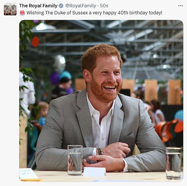 The Royal Family's official X account posted a birthday greeting for the Duke of Sussex this morning