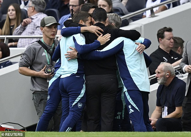 The Spaniard celebrated with his coaching team after achieving their third victory of the season