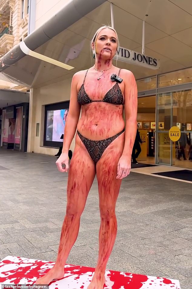 The latest stunt comes days after Tash Peterson caused outrage and confusion after she took to the Perth CBD in a bikini and wearing fake blood to protest the sale of items made from animal skin.