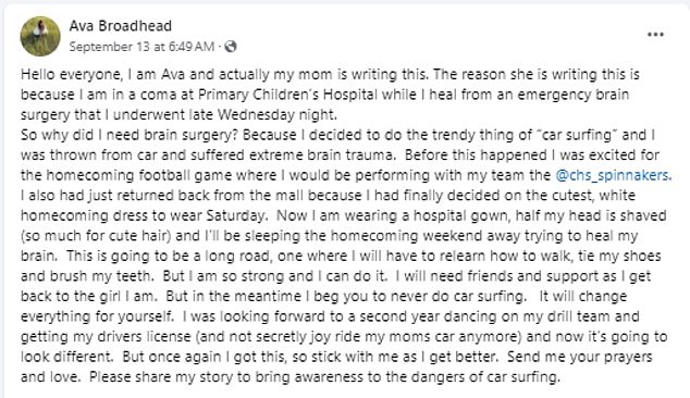 Ava's mother has taken over her daughter's Facebook page to deliver a clear and uncompromising message to her friends