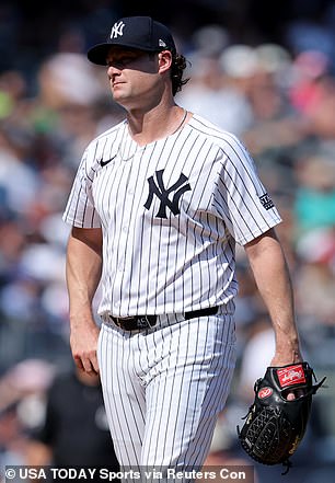 New York Yankees starting pitcher Gerrit Cole (45) reacts during the fifth inning against the Boston Red Sox