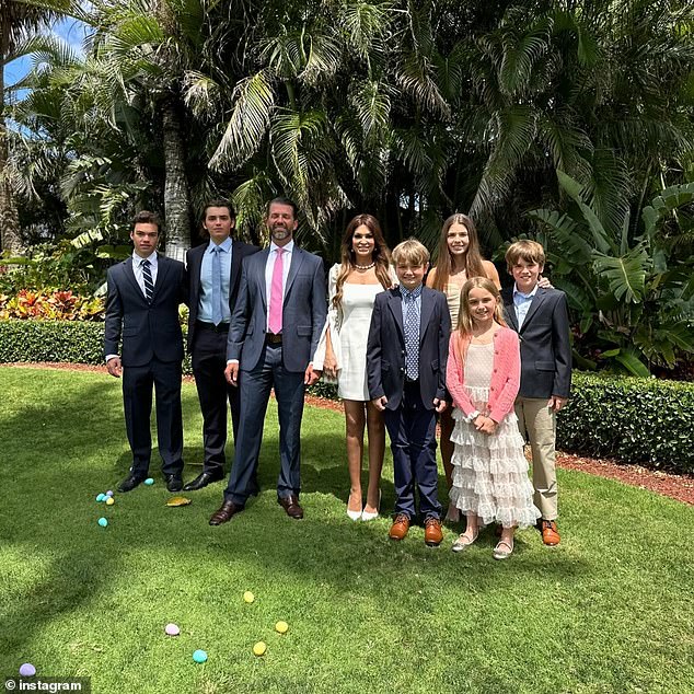 Guilfoyle broke into the world of broadcast media in 2004 when she worked as a legal analyst at Anderson Cooper 360 and joined Fox News in February 2006 as the host of The Lineup - later joining The Five as a co-host in 2011. Pictured: Guilfoyle and Don Jr with family