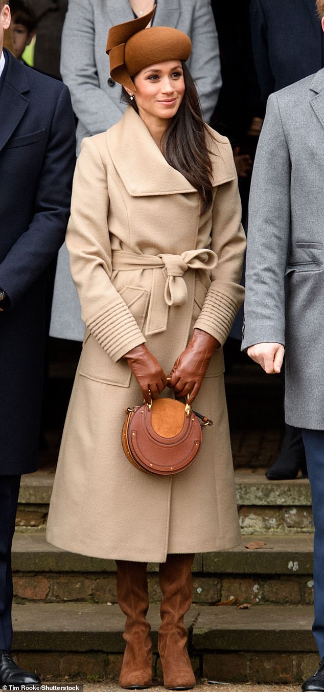 Pictured: Meghan Markle wore a red velvet dress (under her brown coat) to attend her only Christmas at Sandringham in 2017