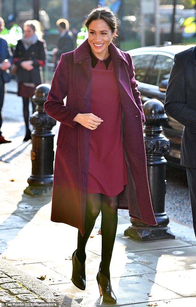 Pictured: Meghan Markle wears Club Monaco's $220 Sallyet dress and Daylina coat in London in November 2018