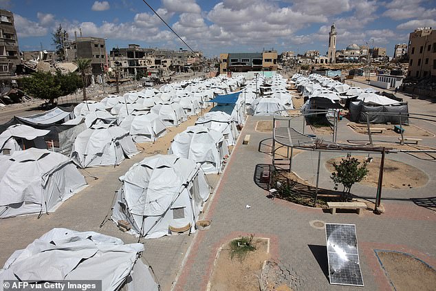 Rows of tents are set up for displaced Palestinians in Beit Lahia in the northern Gaza Strip on September 14, 2024