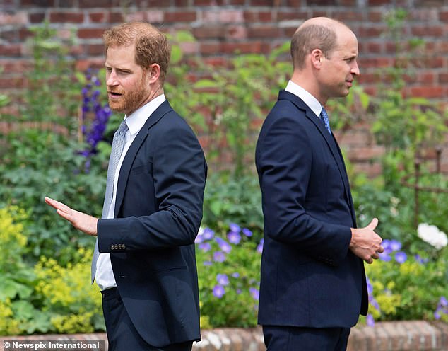 Prince Harry and Prince William at the unveiling of their mother's statue in the Sunken Garden at Kensington Palace on what would have been her 60th birthday