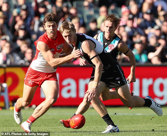 The former voice of football will also announce the preliminary final between Sydney and Port Adelaide (pictured earlier this year) before moving on to the grand final