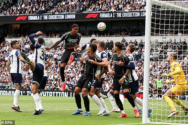 Arsenal's Brazilian defender Gabriel beat Romero in the air to score in the North London derby