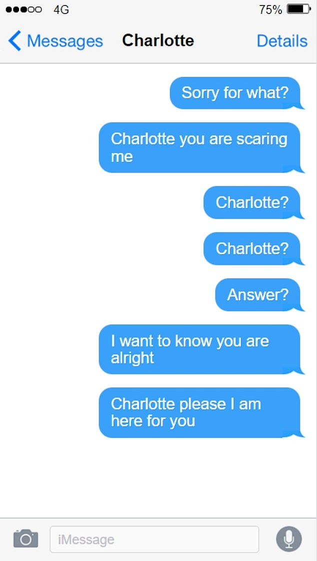 On the night she died, Charlotte sent a friend a photo of herself crying with the simple caption: 