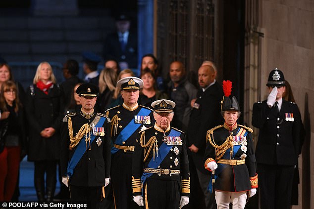 Charles leads his siblings, Princess Margaret, Prince Andrew and Prince Edward, into Westminster Hall on September 16, 2022