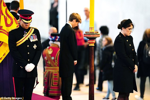 Prince Harry, Princess Eugenie and James, Viscount Severn pay their respects to their grandmother