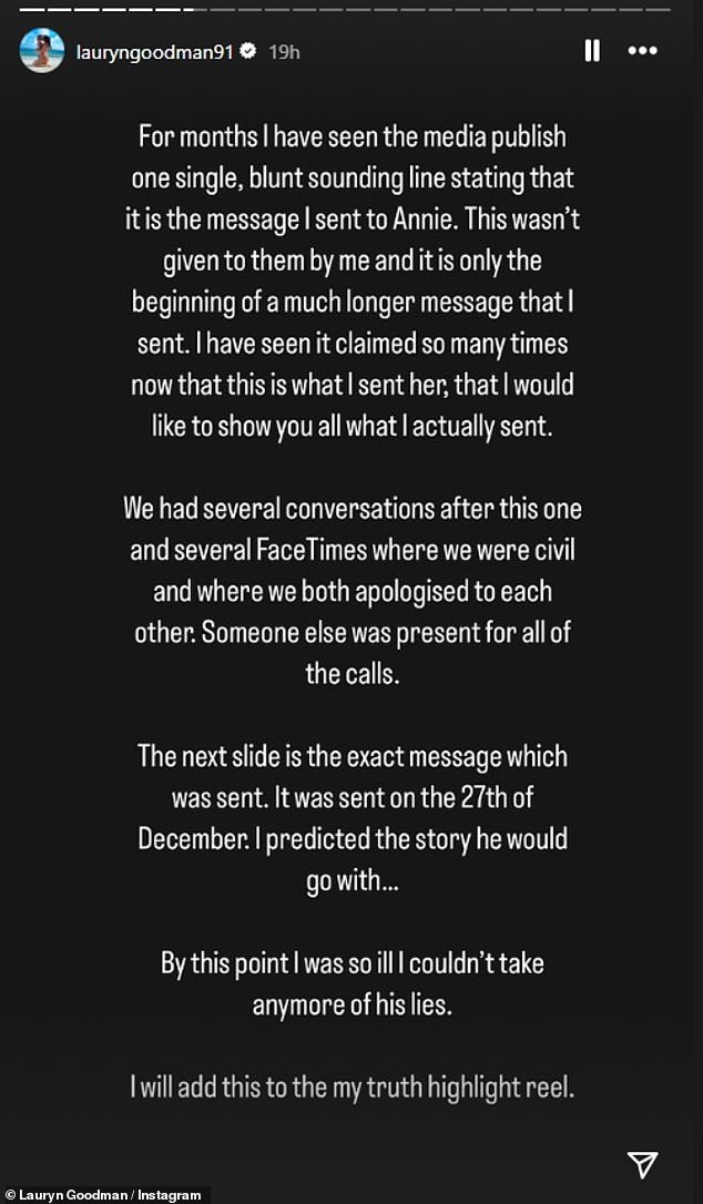 Lauryn defended her decision to share the full message, writing on her Instagram Story, 