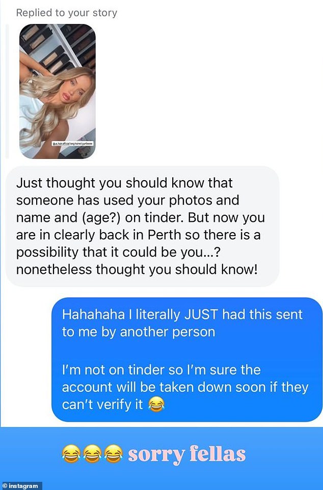 She shared a screenshot of a message she received from someone who had spotted a fake profile on the site using her name and picture