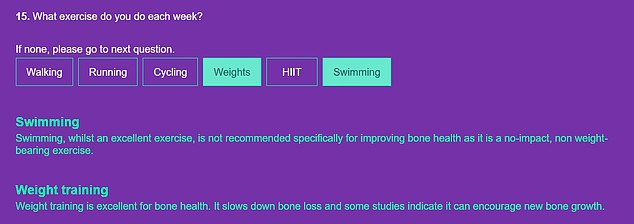 Finally, you'll be asked what type of exercise you do each week, choosing from walking, swimming, running, HIIT, strength training, and cycling.