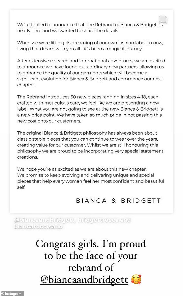 The AFL WAG has revealed she will be the new face of Melbourne label Bianca and Bridgett as the duo announce a rebrand