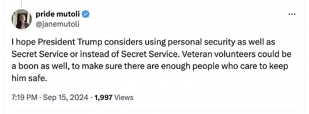 “I hope President Trump considers deploying personal security in addition to, or in place of, the Secret Service,” said @janemuloli, another use case.