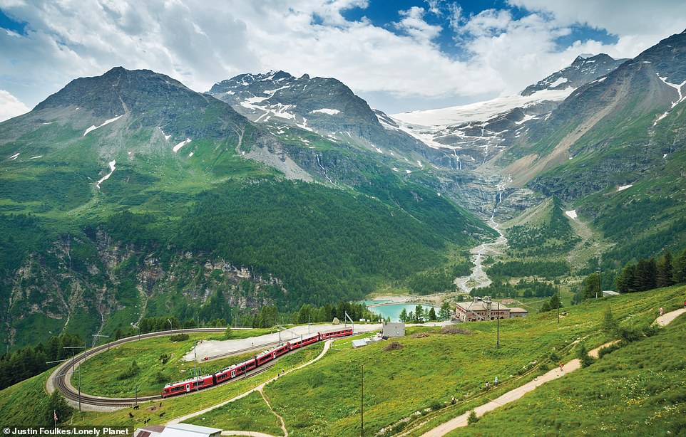 The Bernina Express offers passengers views of 'glacier-capped mountains, waterfall-covered ravines and jewel-colored lakes'