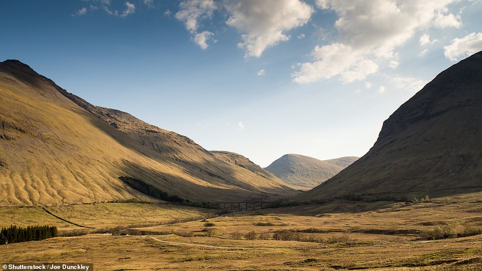 The train crosses the Allt Kinglass Viaduct (seen in the distance) and Corrour in Scotland