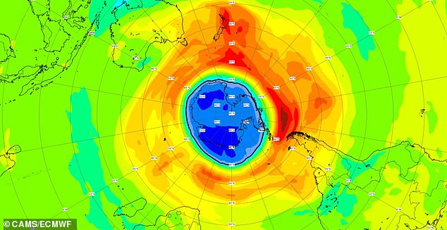 In September of this year, the ozone hole (shown in blue) was 18.48 million square kilometers (7.13 million square miles) smaller than during the same period in recent years.