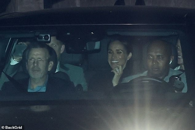 They appeared to be in high spirits as Meghan, 43, was pictured grinning and giggling alongside her husband, 40, in the backseat of a black Range Rover.