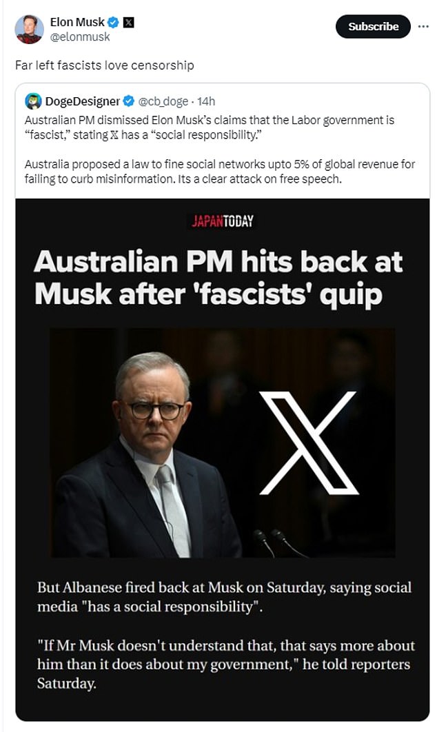 Musk took on Anthony Albanese as the war of words between the two men intensified