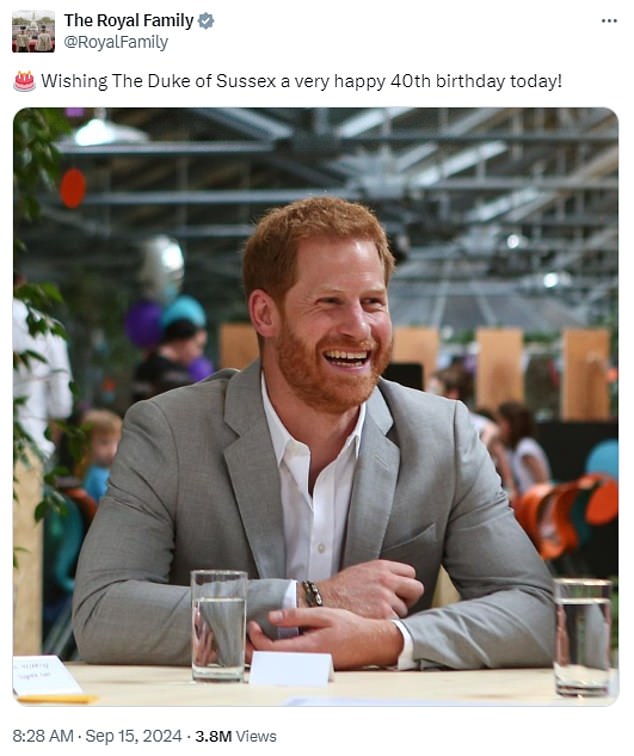 The royal family's official X account previously posted a birthday greeting to the Duke, with the photo of Harry being a close-up of a wider photo featuring Meghan