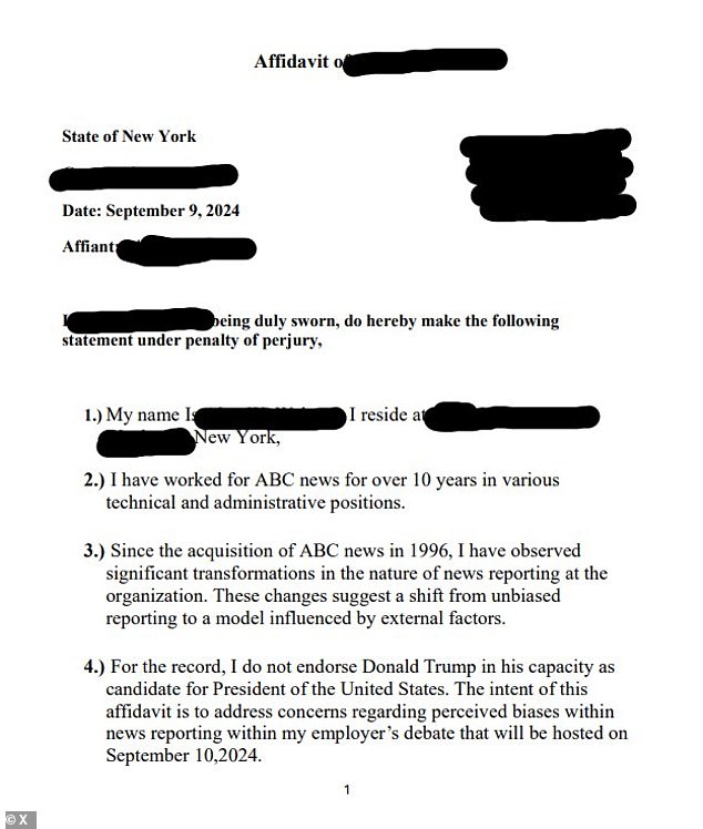 The unverified document, said to be an affidavit signed by a notary on September 9, has sparked controversy as it has spread online