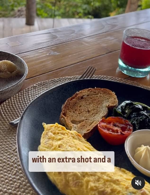 In a video shared on Instagram, Rebecca enjoyed a lung macchiato and omelette for breakfast