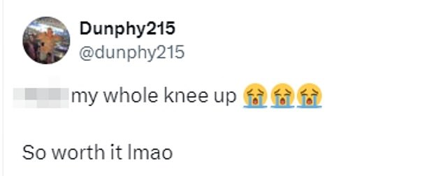 The supporter later confirmed he had injured his knee, posting: 'Fuck my whole knee'