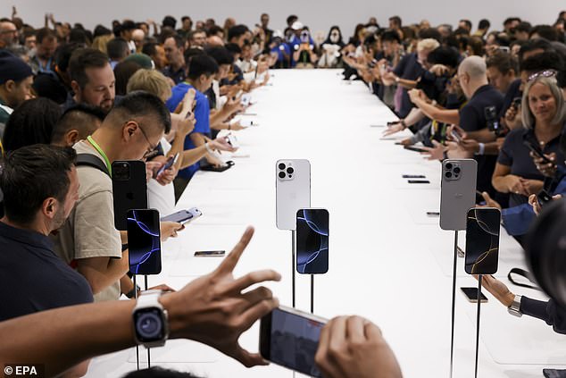 Due to high demand for certain color and memory combinations, the high-end Pro and Pro Max models may not arrive until October 15. Pictured, the iPhone 16 launch event in Cupertino, California, on September 9, 2024.