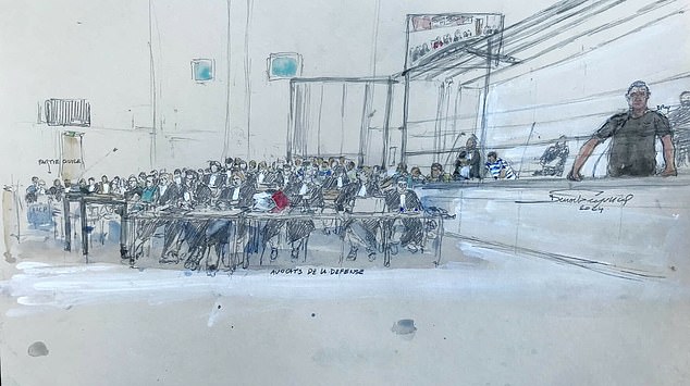 Dominique Pelicot can be seen in this courtroom sketch on the right