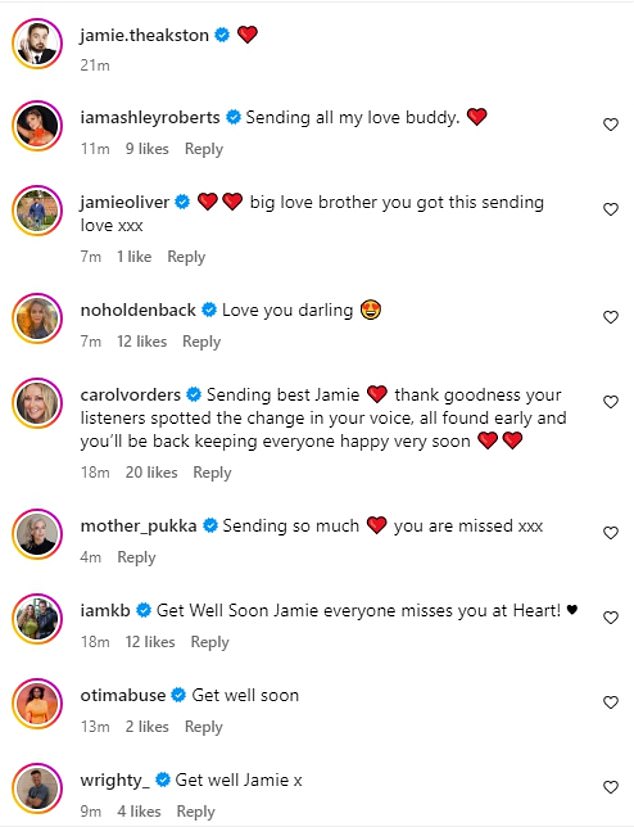 A host of celebrities jumped into the comments to wish Jamie their best