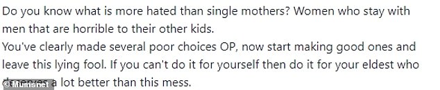 After asking for advice on the parenting forum, many users told her to leave him, both for her and her children.