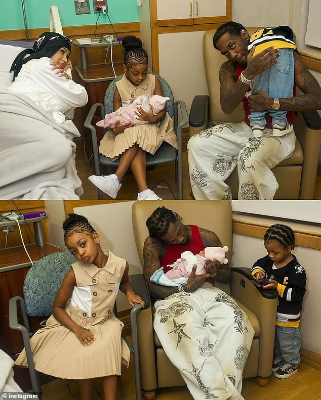 Kulture was seen holding her new little sister, while doting dad Offset tenderly cradled his baby girl in the adorable snaps